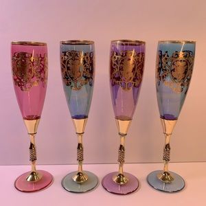 Gold Gilded Murano Champagne Flute Glasses set of 4